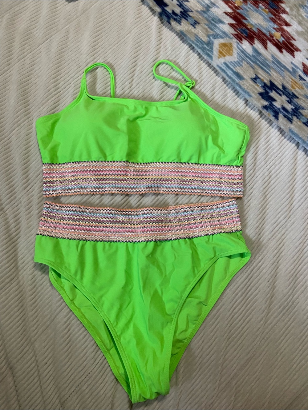 SHEIN Neon Green One-Piece Bikini with Striped Waistband